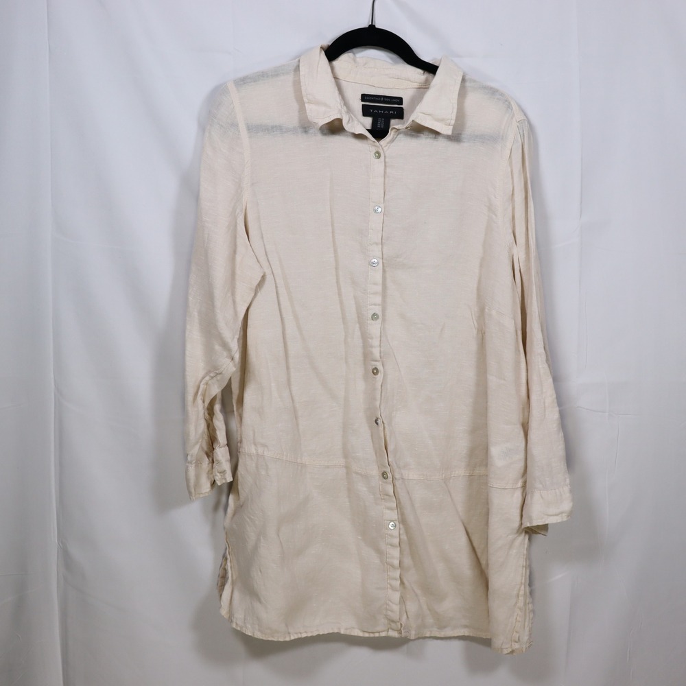 Tahari Linen Button Down 1X Cream Womens Coastal Gran Tunic